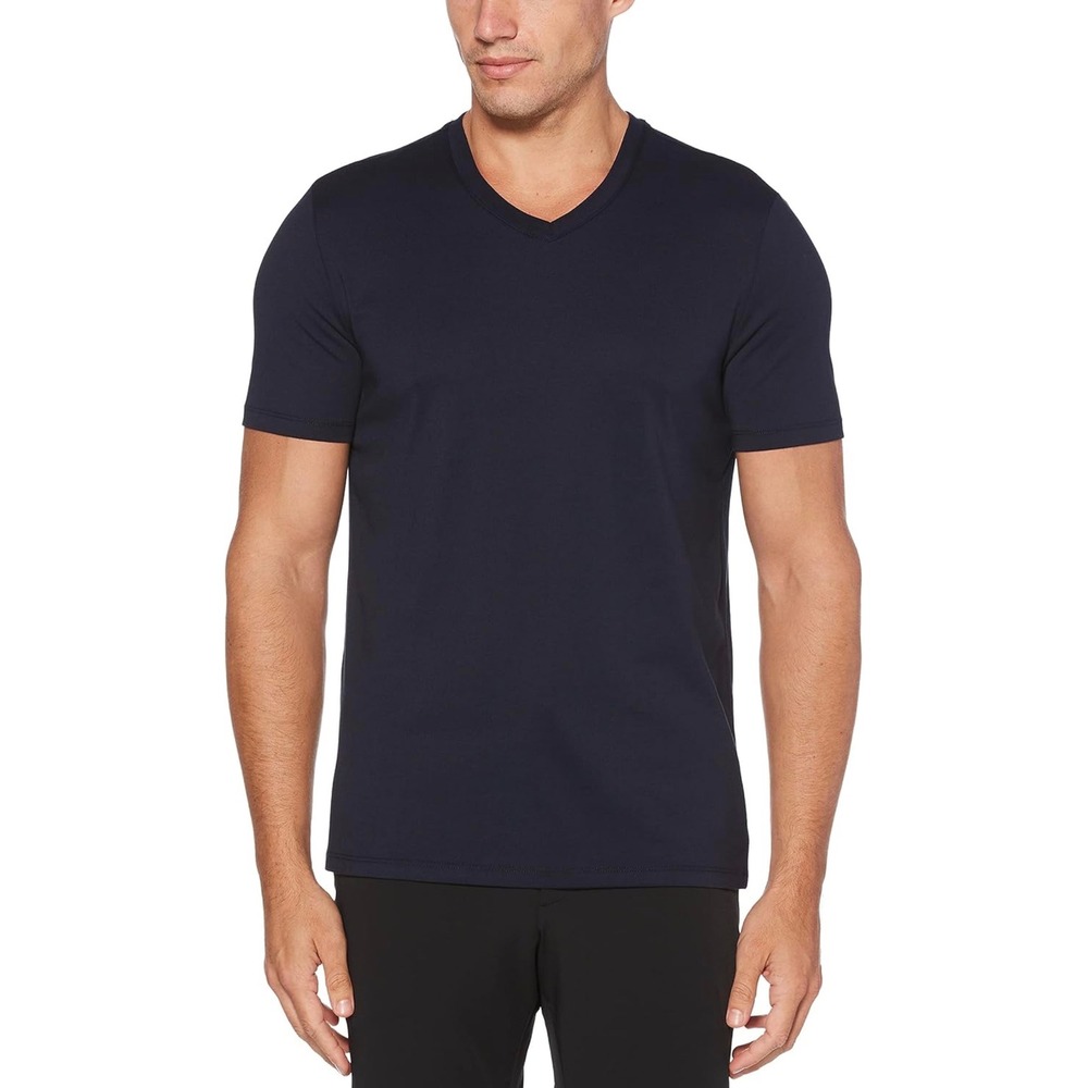 Perry Ellis Mens Slim Fit V-Neck T-Shirt Black Short Sleeve Polyester Size M